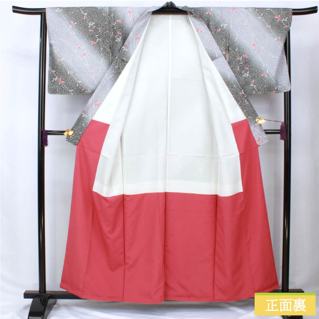 小紋 ポリエステル 身丈159.5cm 裄丈65cm 袷 青袋鼠色(せいたいねずいろ) タタキ染 草木模様 洗える着物 しつけ糸付き Sランク グラデーション系 1115005882399