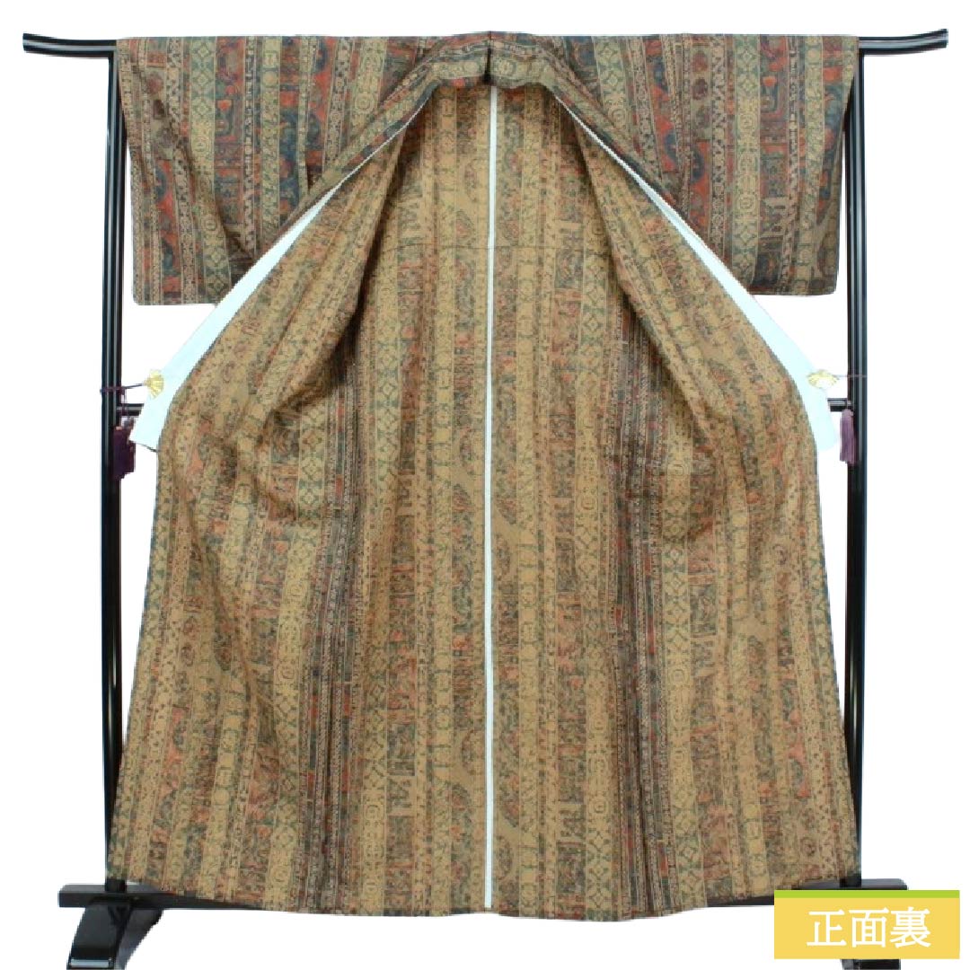小紋 ポリエステル Aランク 身丈162cm 裄丈66cm 単衣 洗える着物 壁画模様 マルチカラー 1115008103428