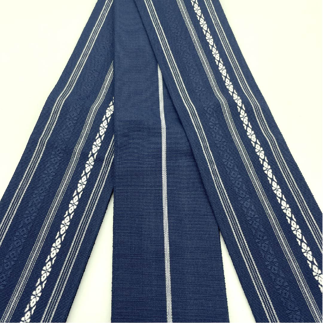 (未仕立)角帯 木綿 瞑色色(めいしょくいろ) 献上柄 帯丈394cm 幅9.5cm Sランク 青系 1134000392917