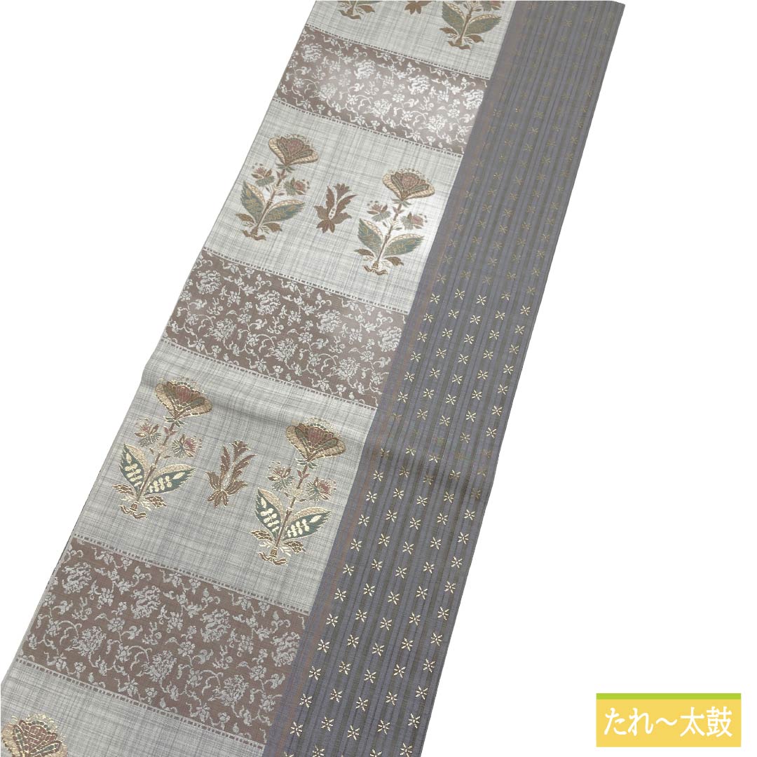 袋帯 正絹 Sランク 魚肚白色(ぎょとはくいろ)色 更紗 帯丈432cm 六通 カジュアル グレー系 1123018732322
