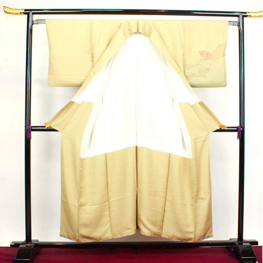 訪問着 袷 身丈152cm 裄丈63cm 枯野色 汕頭刺繡 蘇州刺繡 御所車 正絹 Sランク ベージュ系 1112002752225