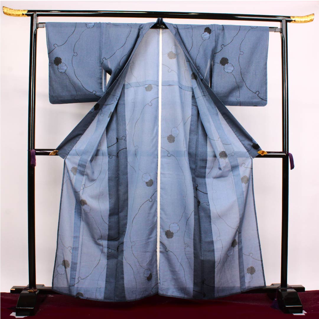 夏物 ポリエステル 小紋 身丈162.5cm 裄丈65cm 瞑色色(めいしょくいろ)雪輪 紗 Sランク 青系 1132000152417