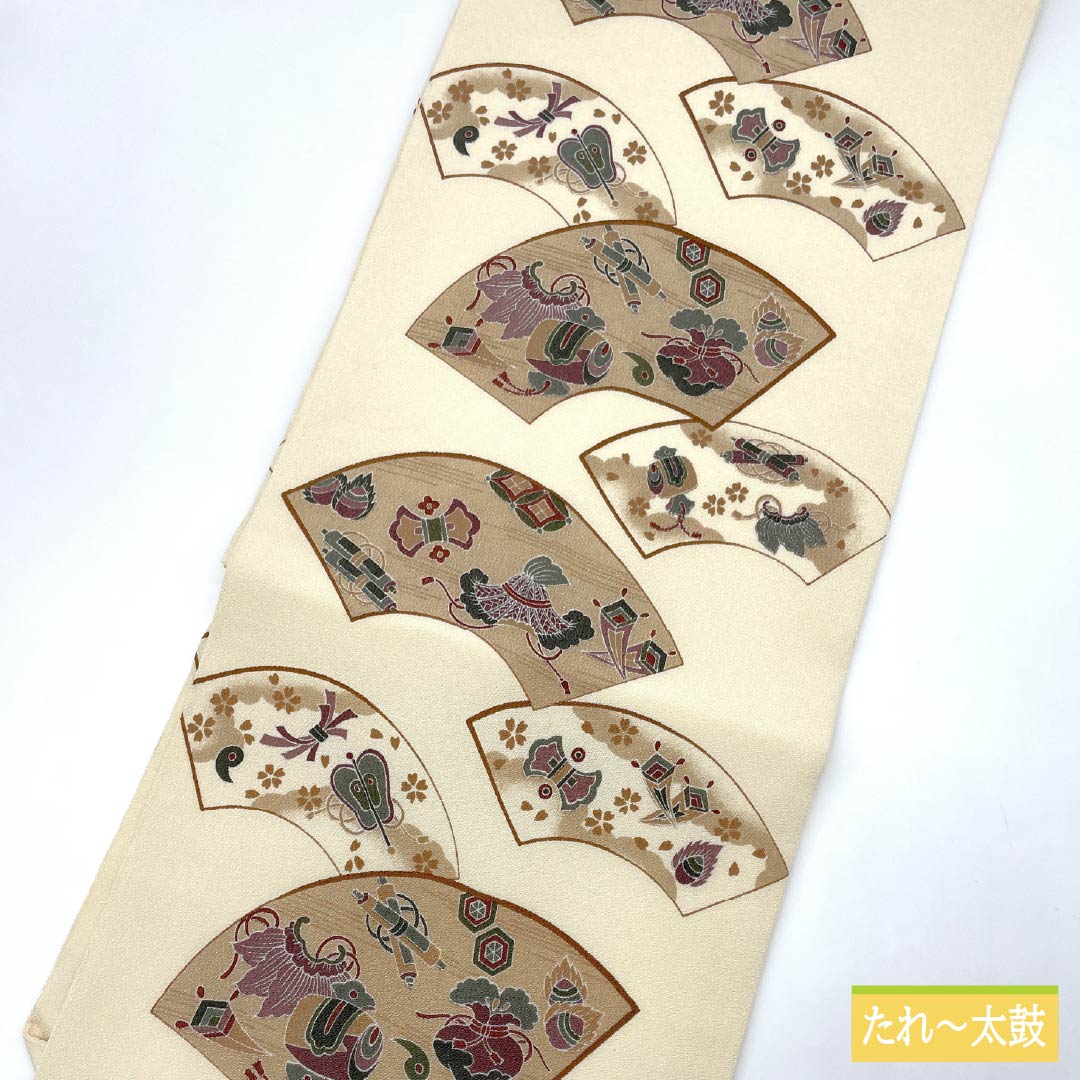 名古屋帯 生成り色(きなりいろ) ちりめん地 染め帯 扇面 帯丈365cm 正絹 Aランク 全通 カジュアル ベージュ系 1124007183325 名古屋仕立て