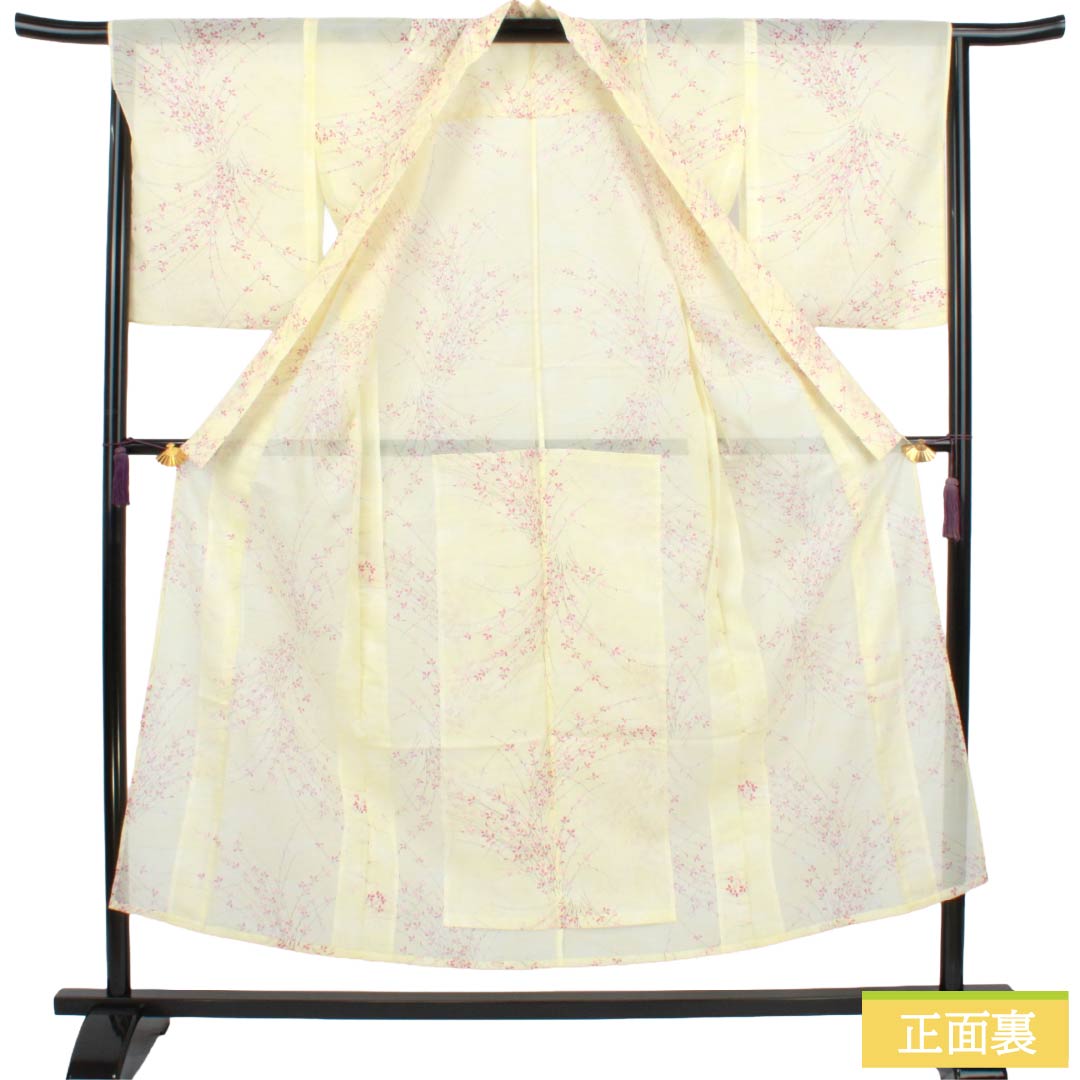 夏物 ポリエステル 小紋 Sランク 身丈151.5cm 裄丈66.5cm 白百合色(しらゆりいろ) 草花模様 居敷当て付き 絽 黄系 1132004492223
