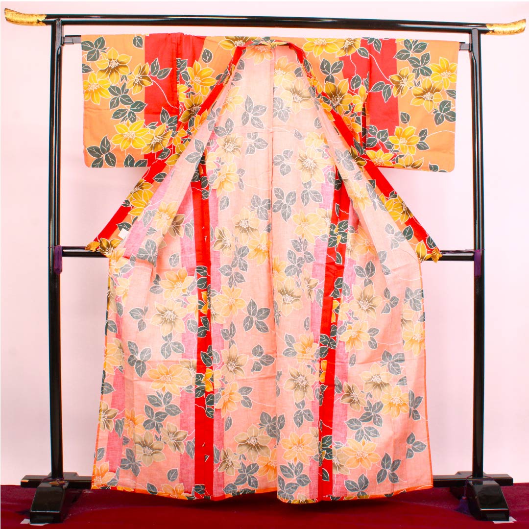 浴衣 黄丹色 ツツジ 木綿 Aランク 単衣 身丈162cm 裄丈66.5cm 朱系 1118004223416
