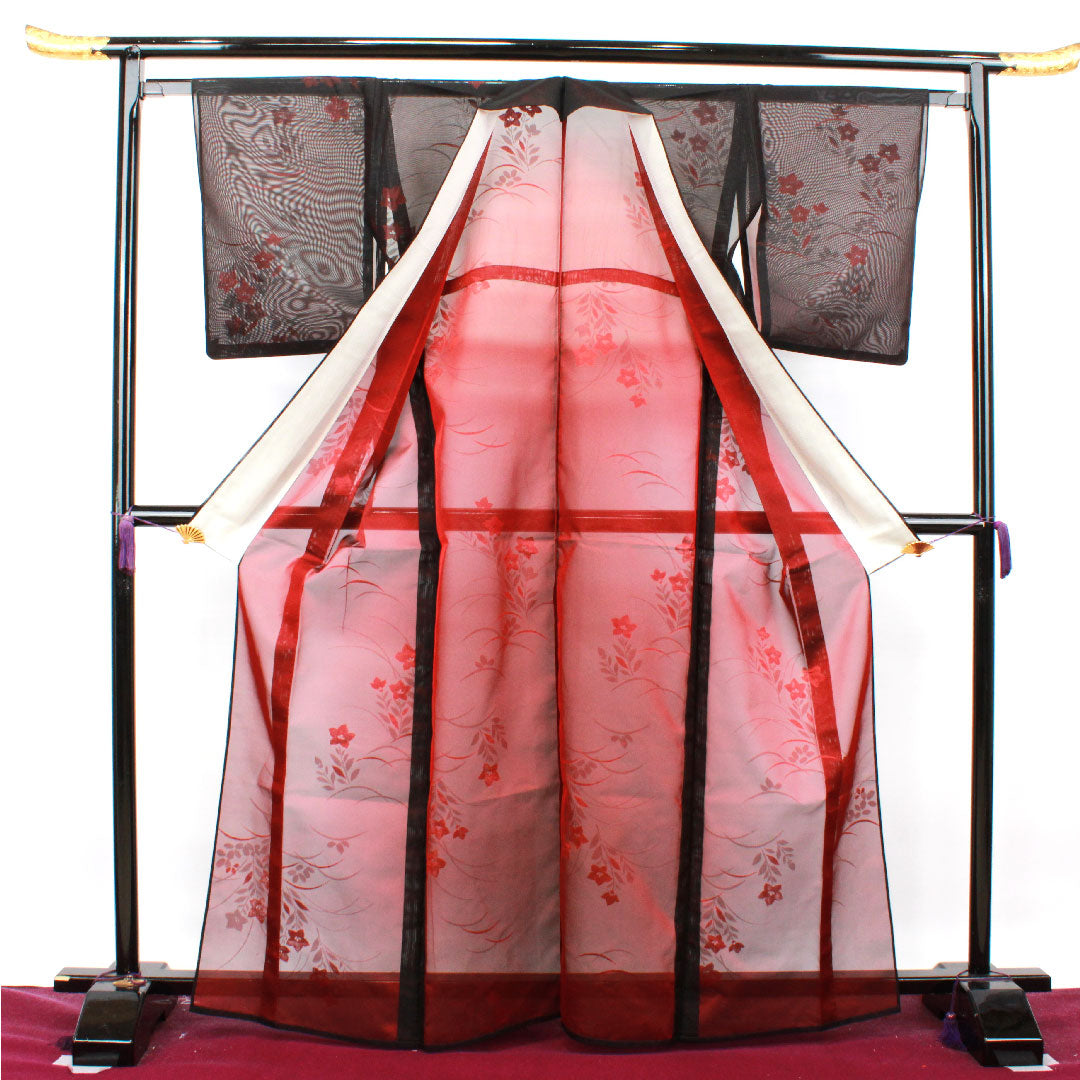 夏物 正絹 色無地 身丈167cm 裄丈63.5cm 桔梗 露草 紗 Sランク 赤系 1132001162512