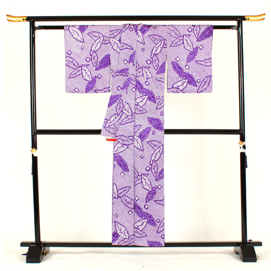 小紋 身丈158cm 裄丈62cm 袷 総絞り 葉模様 正絹 Aランク 紫系 1115001883320