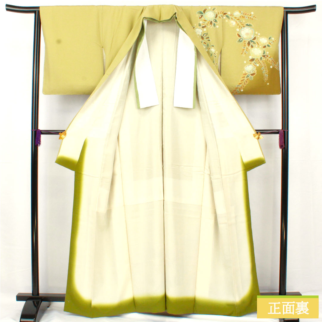 訪問着 正絹 袷 身丈162cm 裄丈62.5cm 薄柳色(うすやなぎいろ) 辻ヶ花 ちりめん地 重ね衿付き しつけ糸付き Sランク 緑系 1112005202419