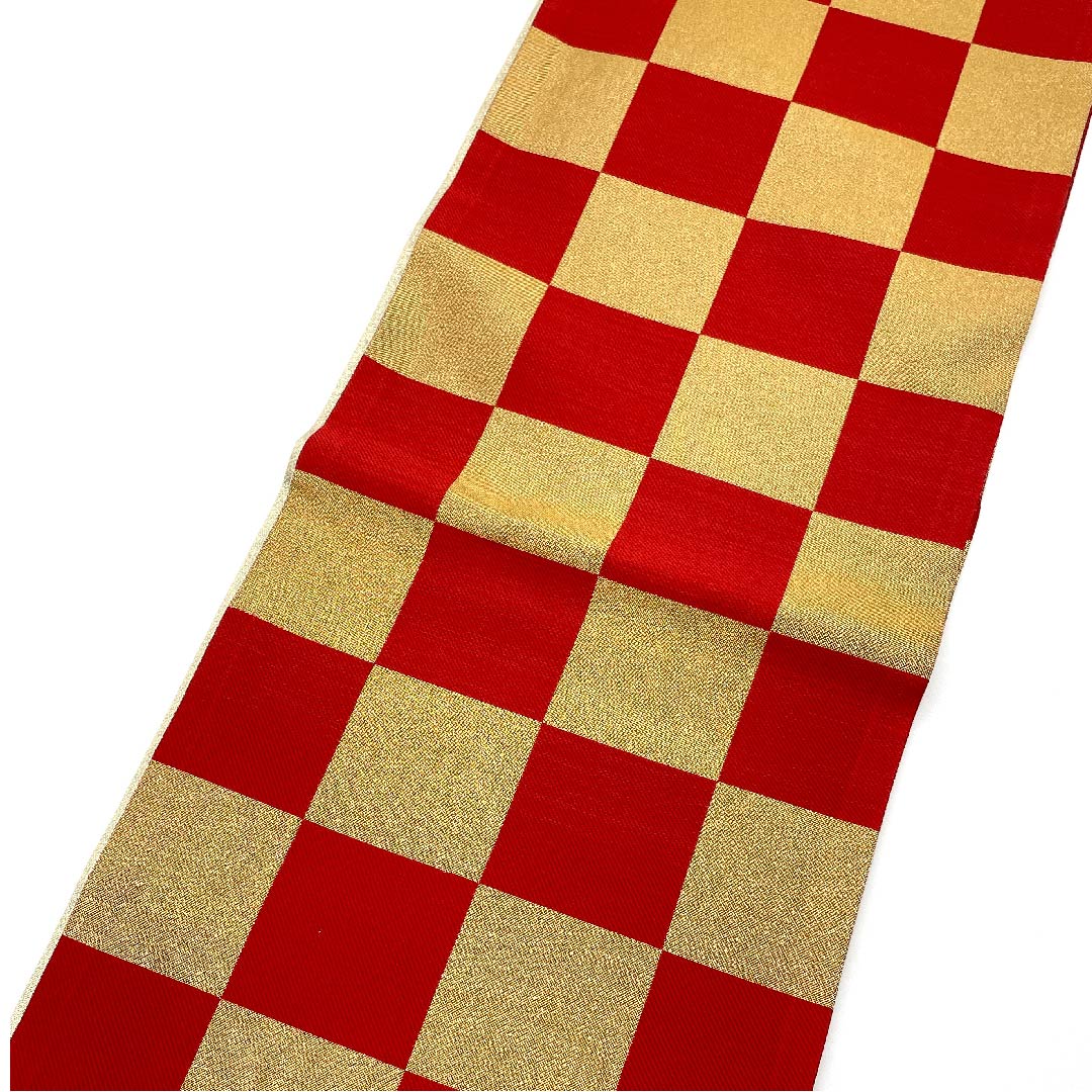 袋帯 金色 振袖用 市松 帯丈440cm 正絹 Sランク 六通 フォーマル 金系 1123006252321