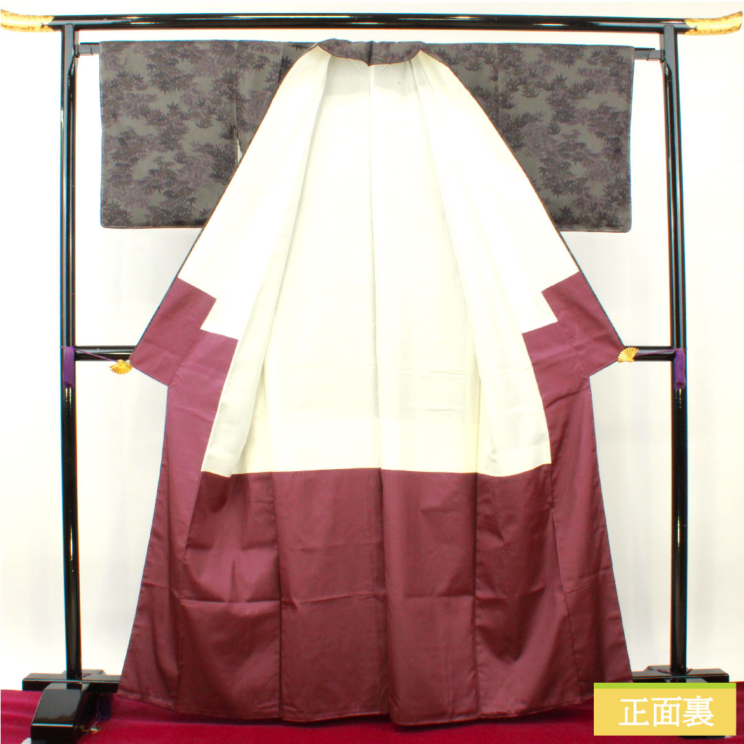 村山大島 正絹 身丈165cm 裄丈65.5cm 笹 Sランク 袷 グレー系 1116003172522