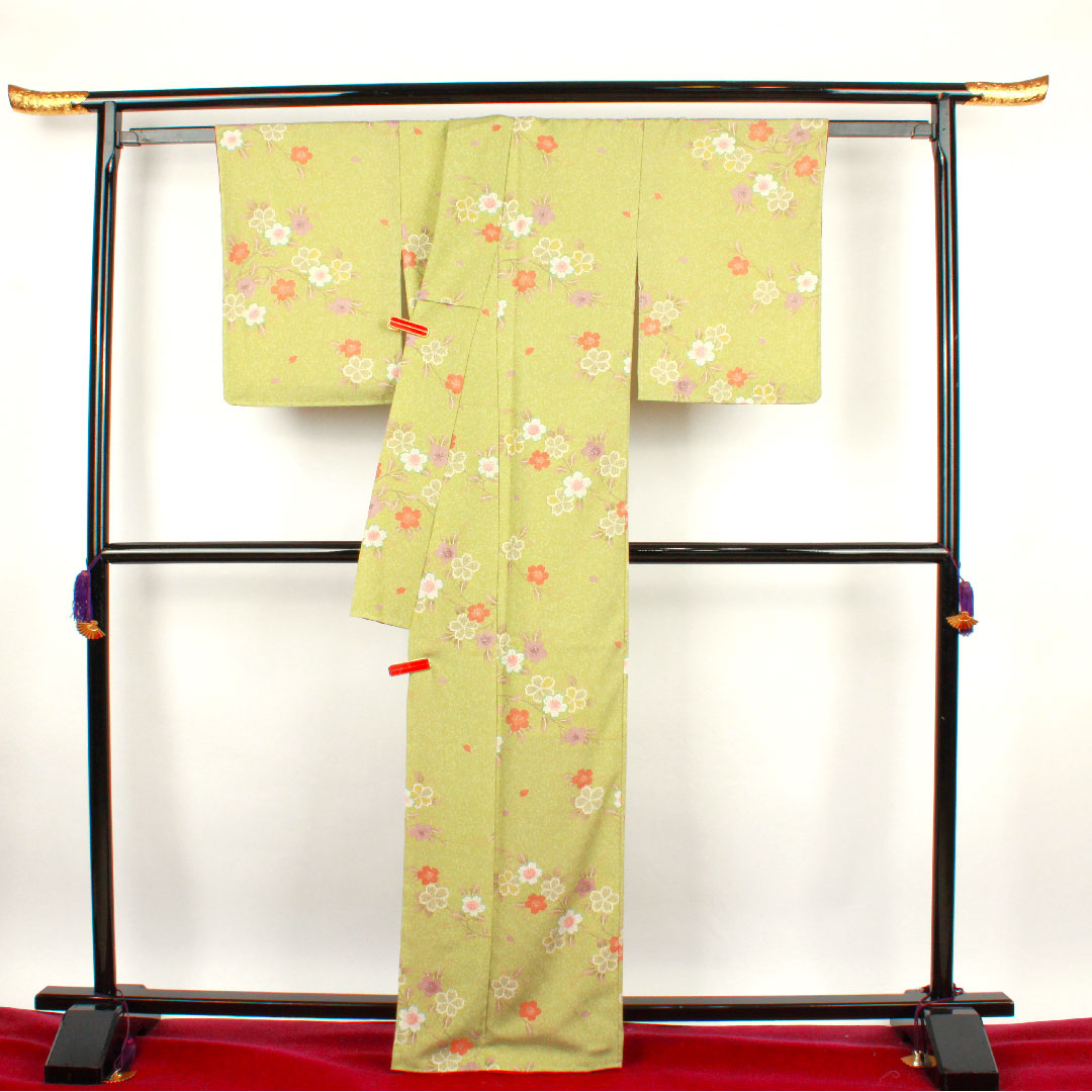 小紋 身丈164cm 裄丈64cm 袷 薄青朽葉色 洗える着物 桜 ポリ Sランク 緑系 1115002342419