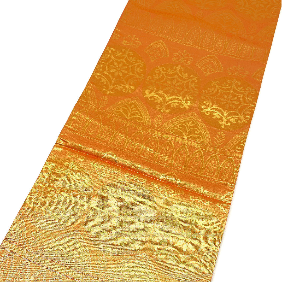 (未仕立)袋帯 古典柄 木原織物 帯丈428cm 正絹 Sランク 六通 セミフォーマル 朱系 1123002592316