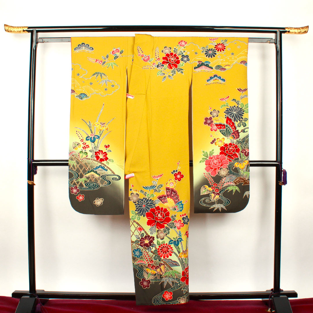 振袖 身丈155.5cm 裄丈64.5cm 袷 芥子色 京紅型 草花模様 正絹 Aランク 黄系 1113000893323