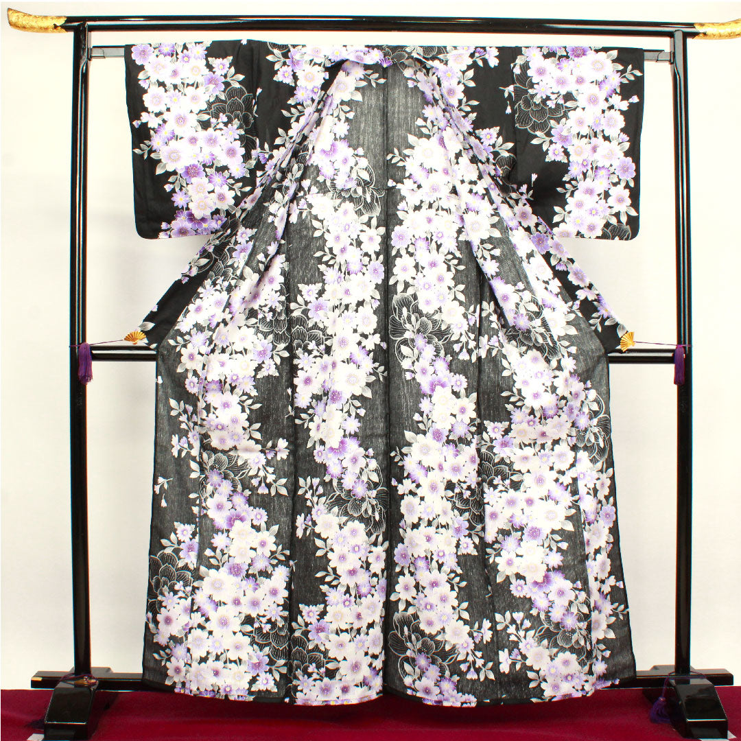 浴衣 桜 木綿 Sランク 単衣 身丈161.5cm 裄丈65.5cm 黒系 1118001492410