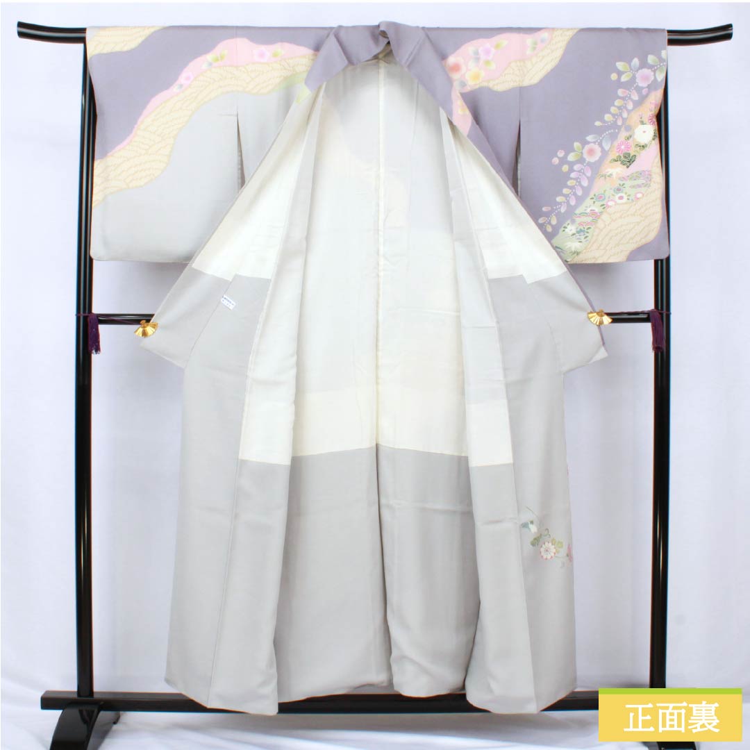 訪問着 正絹 Sランク 袷 身丈155cm 裄丈66cm 薄鼠色(うすねずいろ) 貴族鼠色(きぞくねずいろ) 京友禅 草花 グレー系 1112006312322