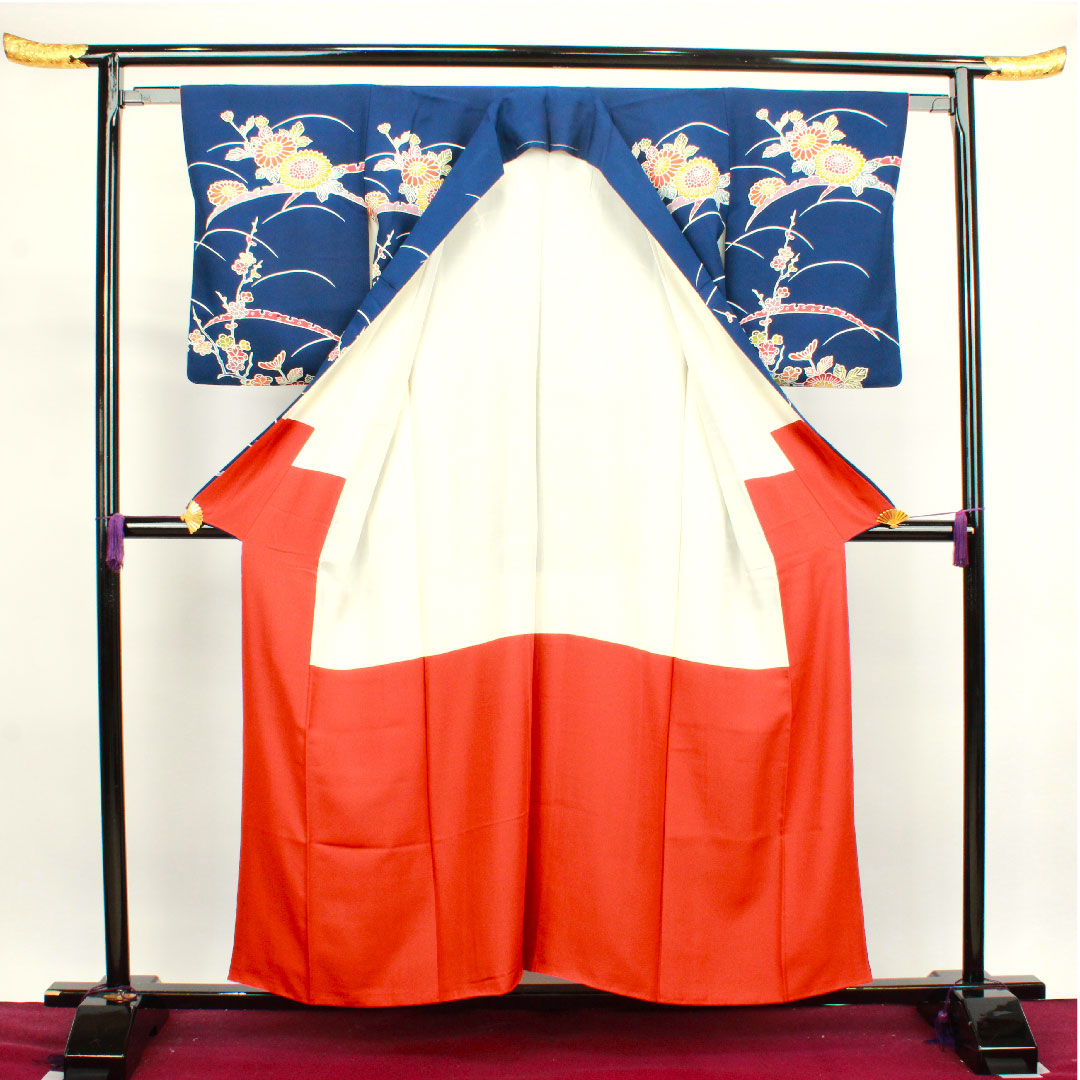 小紋 身丈156.5cm 裄丈62cm 袷 紺藍色 京紅型 菊 露芝 正絹 Sランク 紺系 1115003382318
