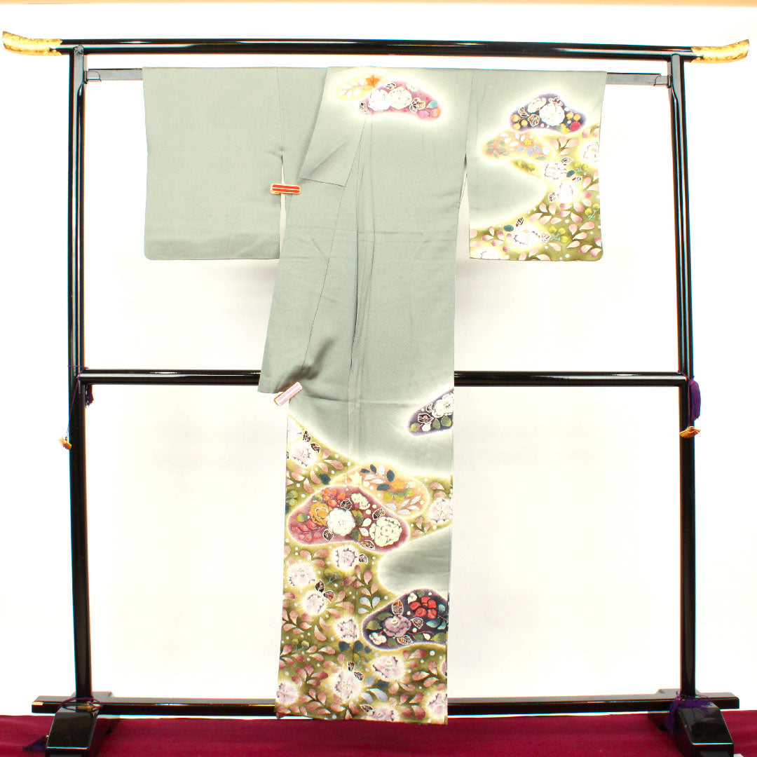 訪問着 袷 身丈159.5cm 裄丈64cm 浅葱鼠色 桐屋翠山工房 辻ヶ花 正絹 Aランク グレー系 1112002113322