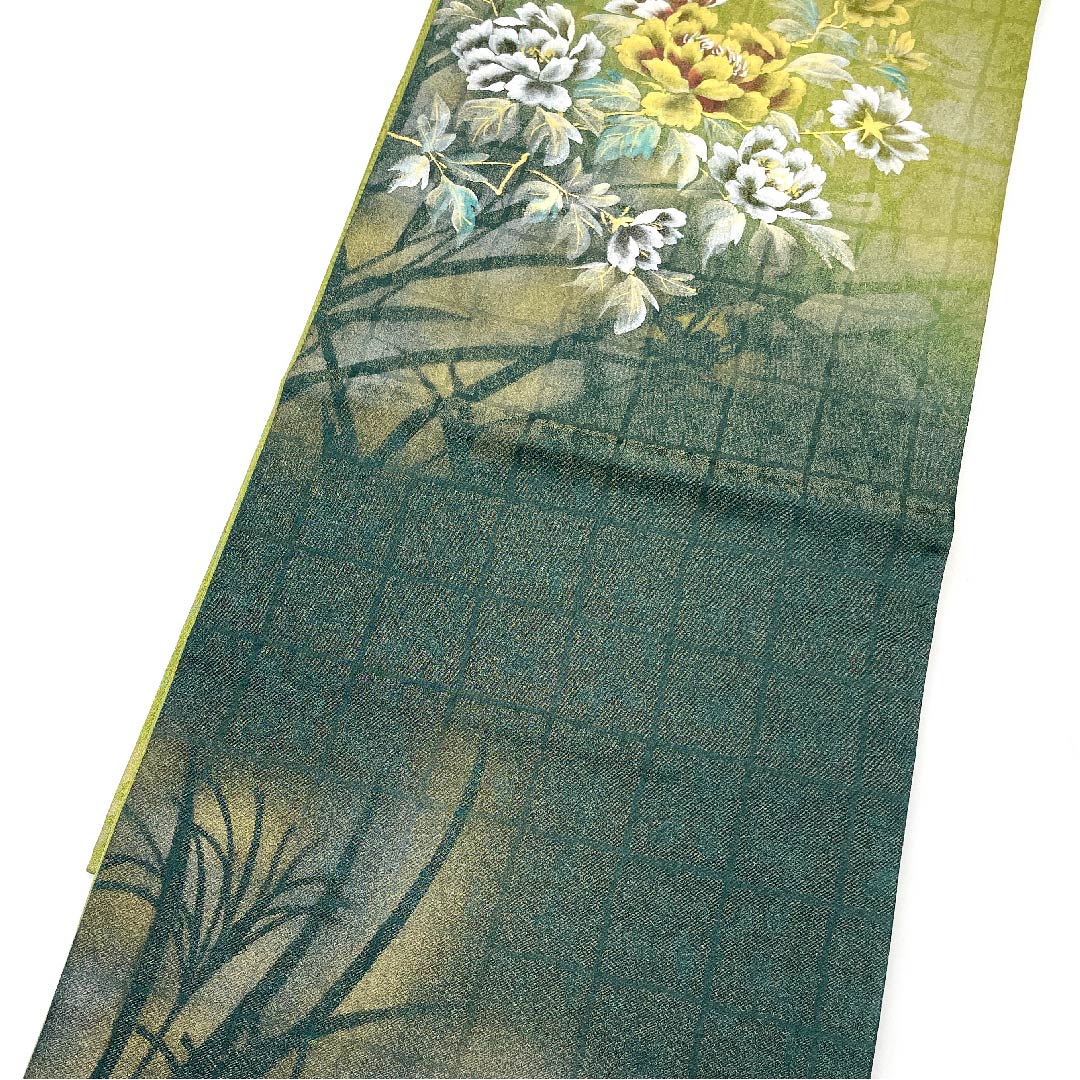 袋帯 松葉色(まつばいろ) 草花模様 染め帯 帯丈440cm 正絹 Bランク ポイント柄 セミフォーマル 緑系 1123005534319