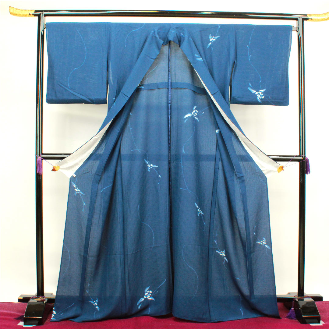 夏物 正絹 小紋 身丈166cm 裄丈66.5cm 鉄葡萄色(てつぶどういろ) 抽象模様 絽 Sランク 紺系 1132000662518