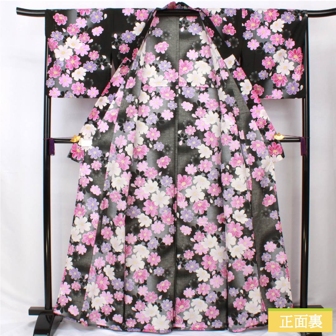 浴衣 木綿 身丈165cm 裄丈67cm Aランク 単衣 黒系 秋桜 1118006183510