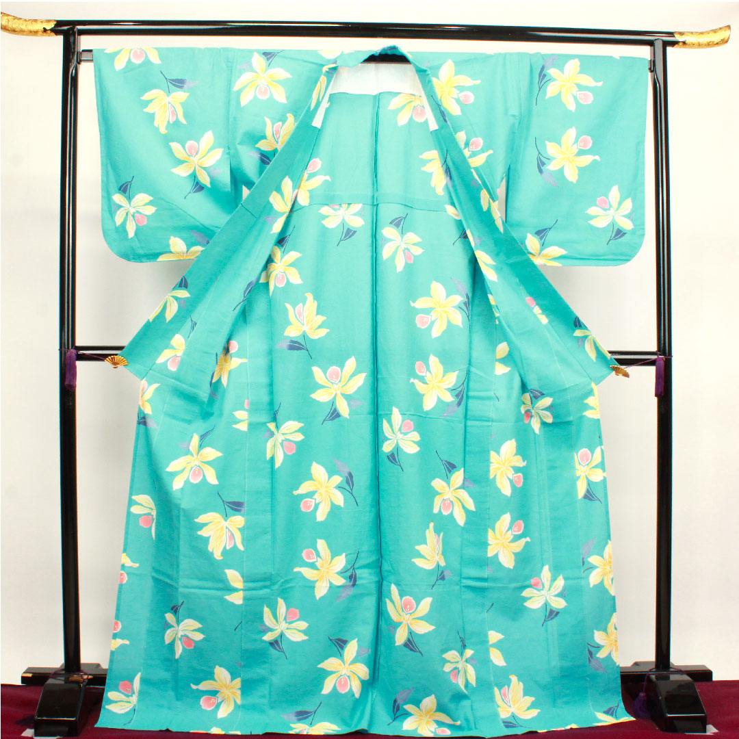 浴衣 水浅葱色 鬼灯 木綿 Sランク 単衣 身丈175.5cm 裄丈70.5cm 水色系 1118003022824