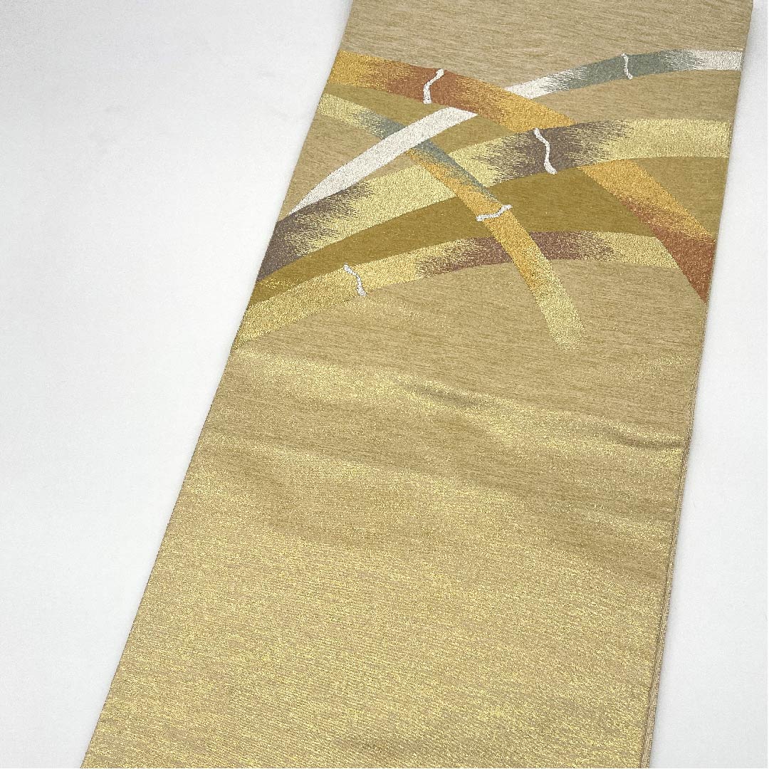 袋帯 金色 綴れ織 竹 作家物 帯丈453cm 正絹 Aランク 六通 フォーマル 金系 1123005583421