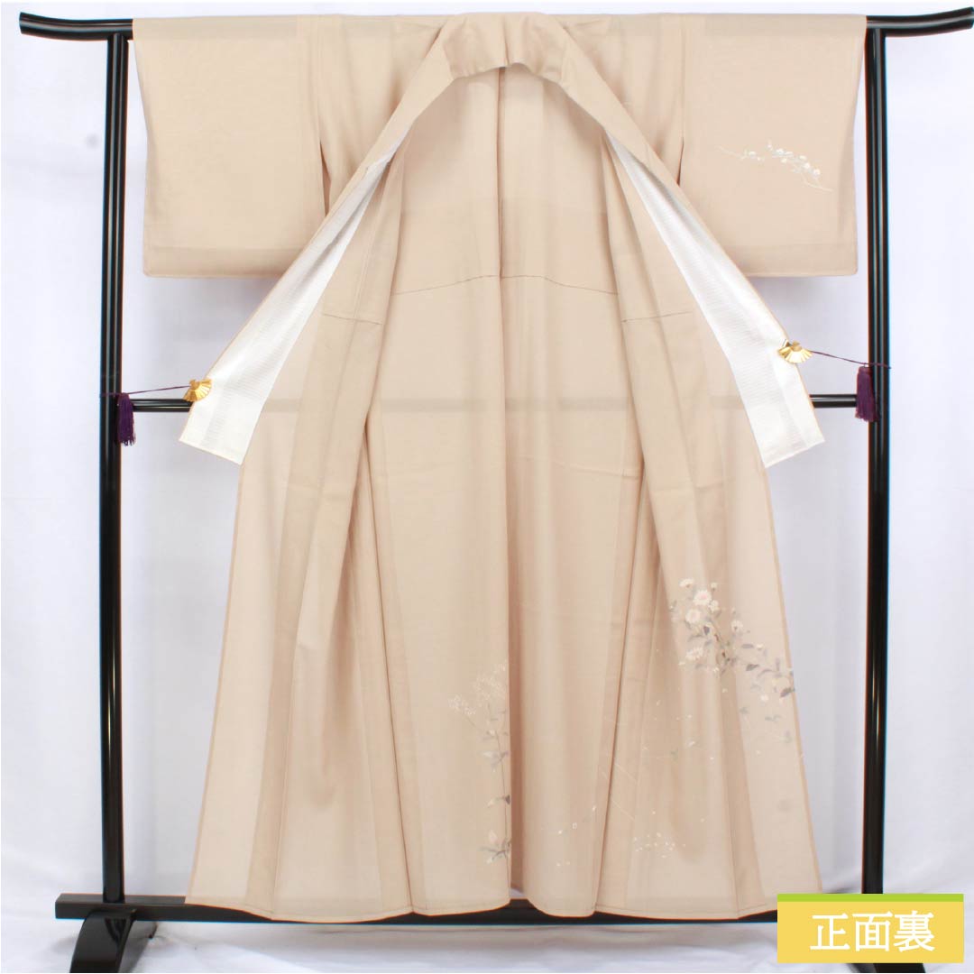 夏物 正絹 訪問着 身丈157cm 裄丈63cm 薄香色(うすこういろ) 草花模様 京友禅 絽 Sランク ベージュ系 1132002752325