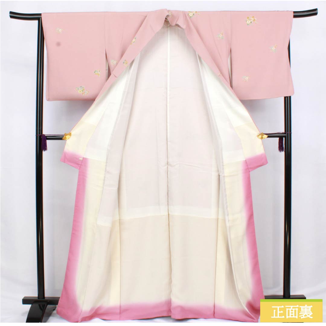 小紋 正絹 Aランク 身丈165.5cm 裄丈66cm 袷 浅紅色(あさべにいろ) 京加賀友禅 小花模様 はればれ加工 ピンク系 1115006353513