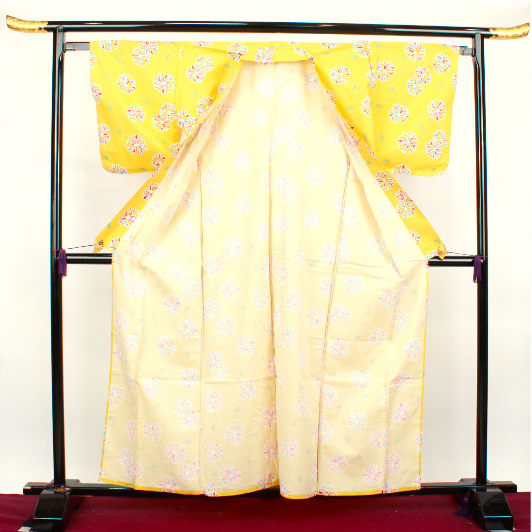 浴衣 支子色 抽象模様 木綿 Sランク 単衣 身丈160.5cm 裄丈64cm 黄系 1118001232423