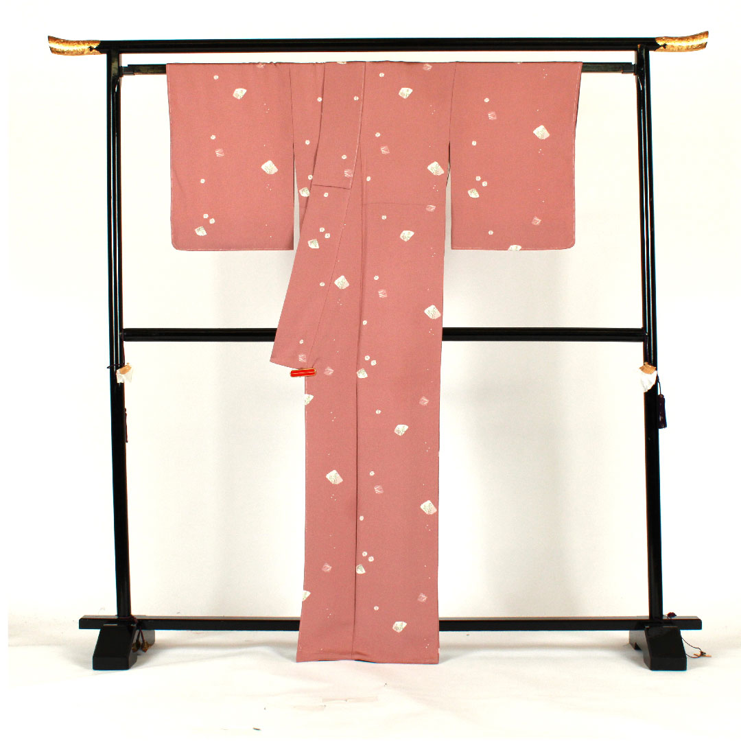 小紋 身丈167cm 裄丈69cm 袷 洗える着物 草花模様 ポリ Sランク ピンク系 1115001612513