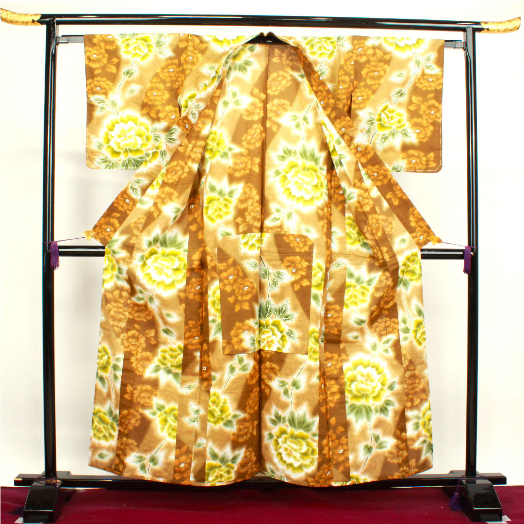 浴衣 しつけ糸付き 未使用品 団栗色 牡丹 木綿 Sランク 単衣 身丈158.5cm 裄丈63.5cm 茶系 1118002702314