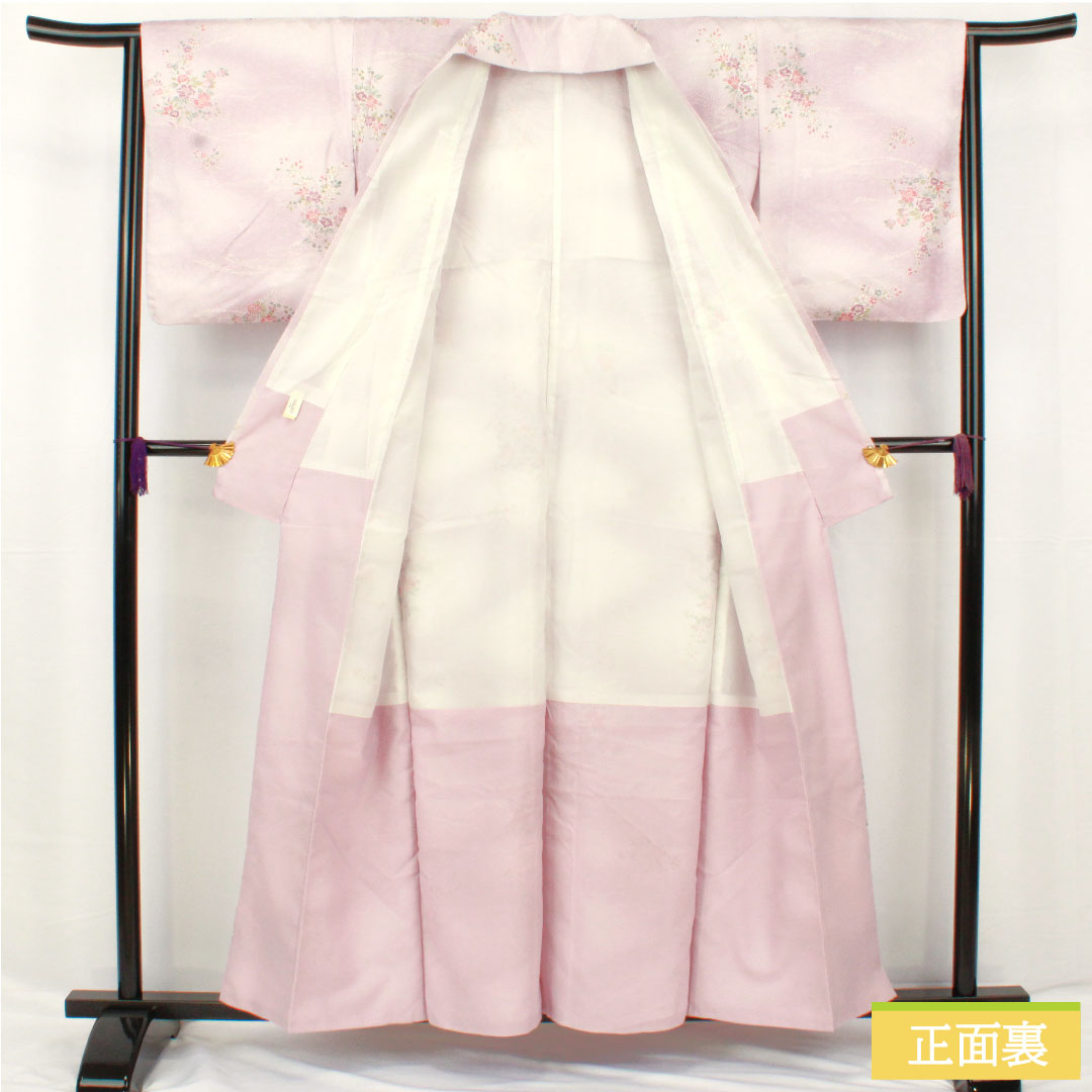 小紋 ポリエステル 身丈157.5cm 裄丈64cm 袷 淡藤色(うすふじいろ) 洗える着物 草花模様 Aランク 紫系 1115004543320