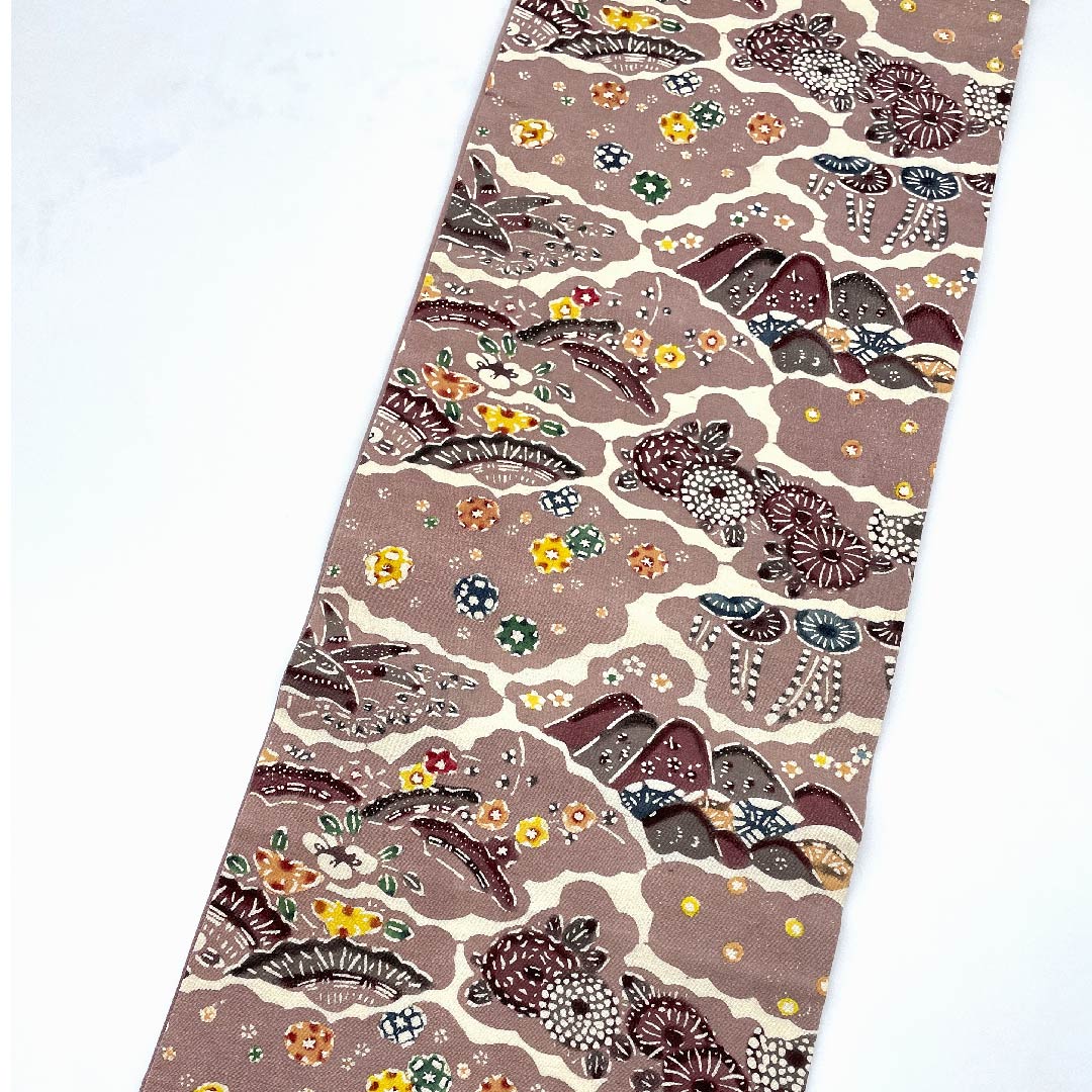 名古屋帯 紅鼠色 花柄 山 帯丈355cm 正絹 Bランク 三通 カジュアル ピンク系 1124004394313 開き仕立て