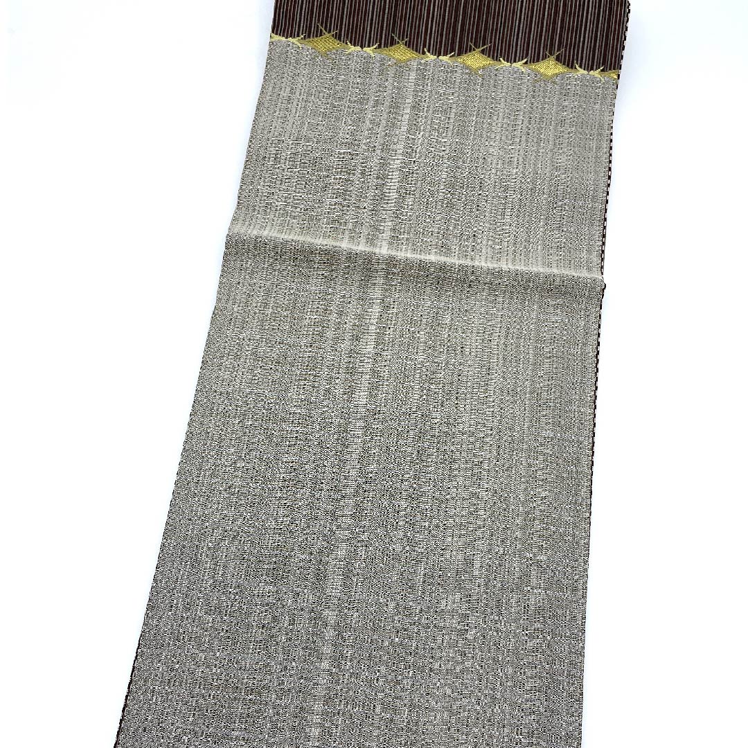 袋帯 鉄黒色(てつぐろいろ) 幾何学模様 チェック 帯丈439.5cm 正絹 Sランク ポイント柄 カジュアル 茶系 1123009292314