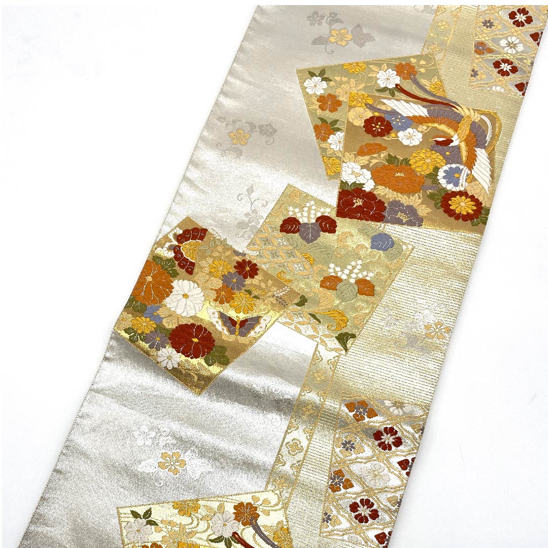 袋帯 灰白色色(かいはくしょくいろ) 全通箔 鳳凰 吉祥文様 帯丈430cm 正絹 Aランク 六通 フォーマル 銀系 1123007513322