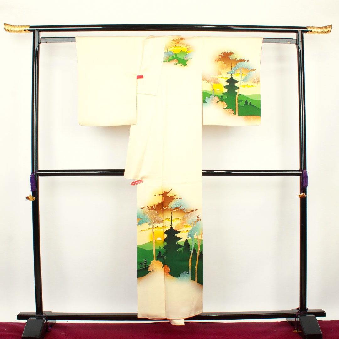 訪問着 袷 身丈152cm 裄丈60cm 砥粉色 風景模様 正絹 Aランク クリーム系 1112001873215