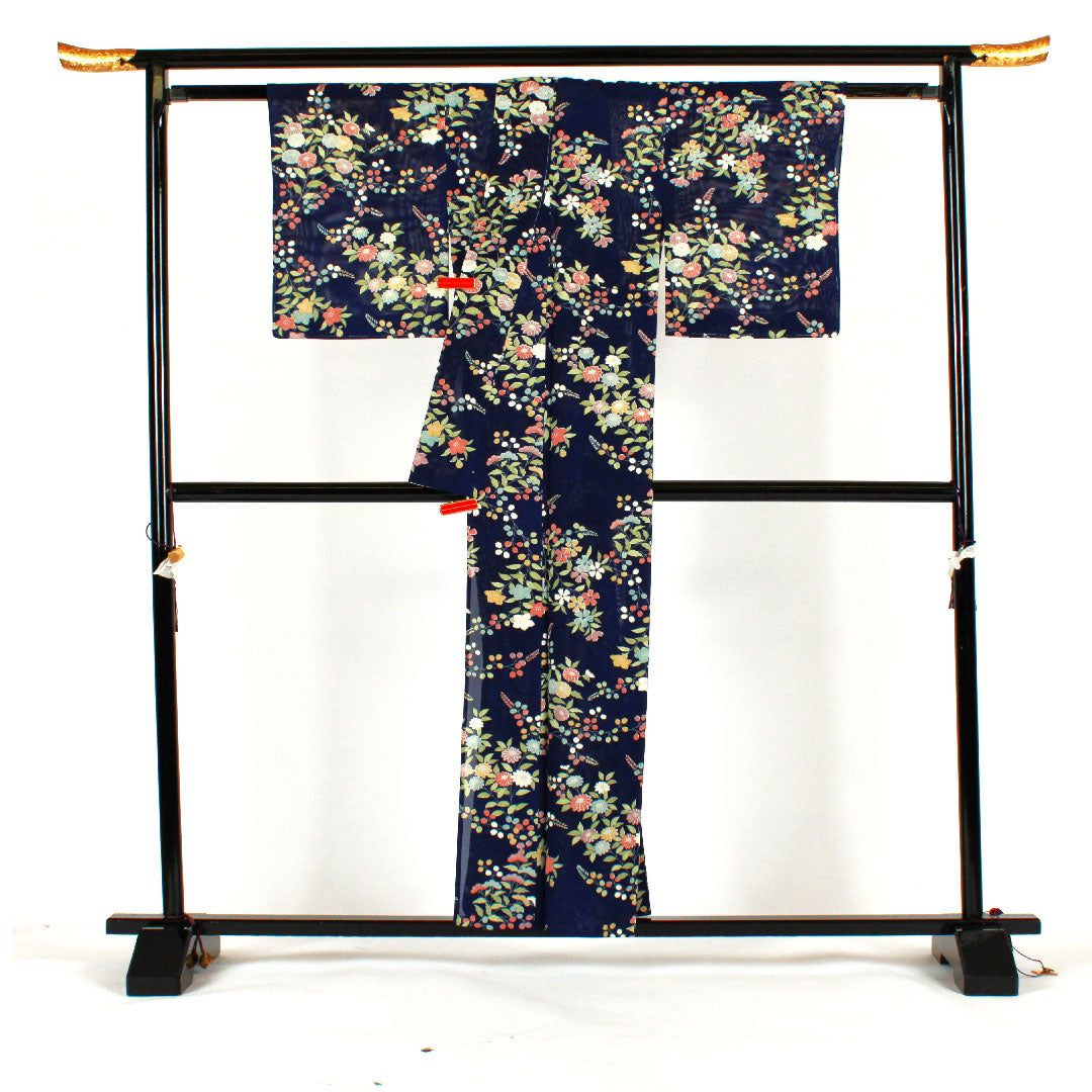 小紋 身丈159cm 裄丈62cm 絽 駒絽 花模様 正絹 Aランク 紺系 1115000743318