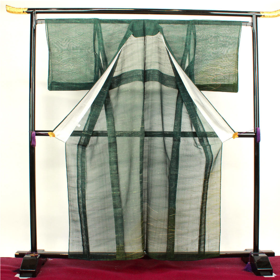 夏物 正絹 訪問着 身丈160cm 裄丈65cm 黒緑色(くろみどりいろ) 抽象模様 紬地 絽 Sランク 緑系 1132000572419