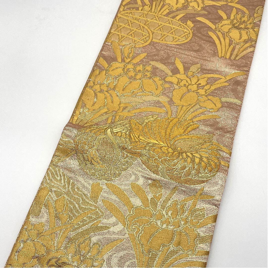 袋帯 乙女色 佐賀錦 鴛鴦 杜若 帯丈443cm 正絹 Sランク 全通 フォーマル ピンク系 1123005652313