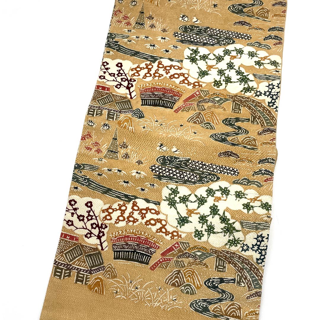 Nagoya obi, light withered leaf color, crepe fabric, floral, butterfly, bird pattern, obi length 353cm, pure silk, A rank, six-pass, casual, beige, 1124004723325, Nagoya style