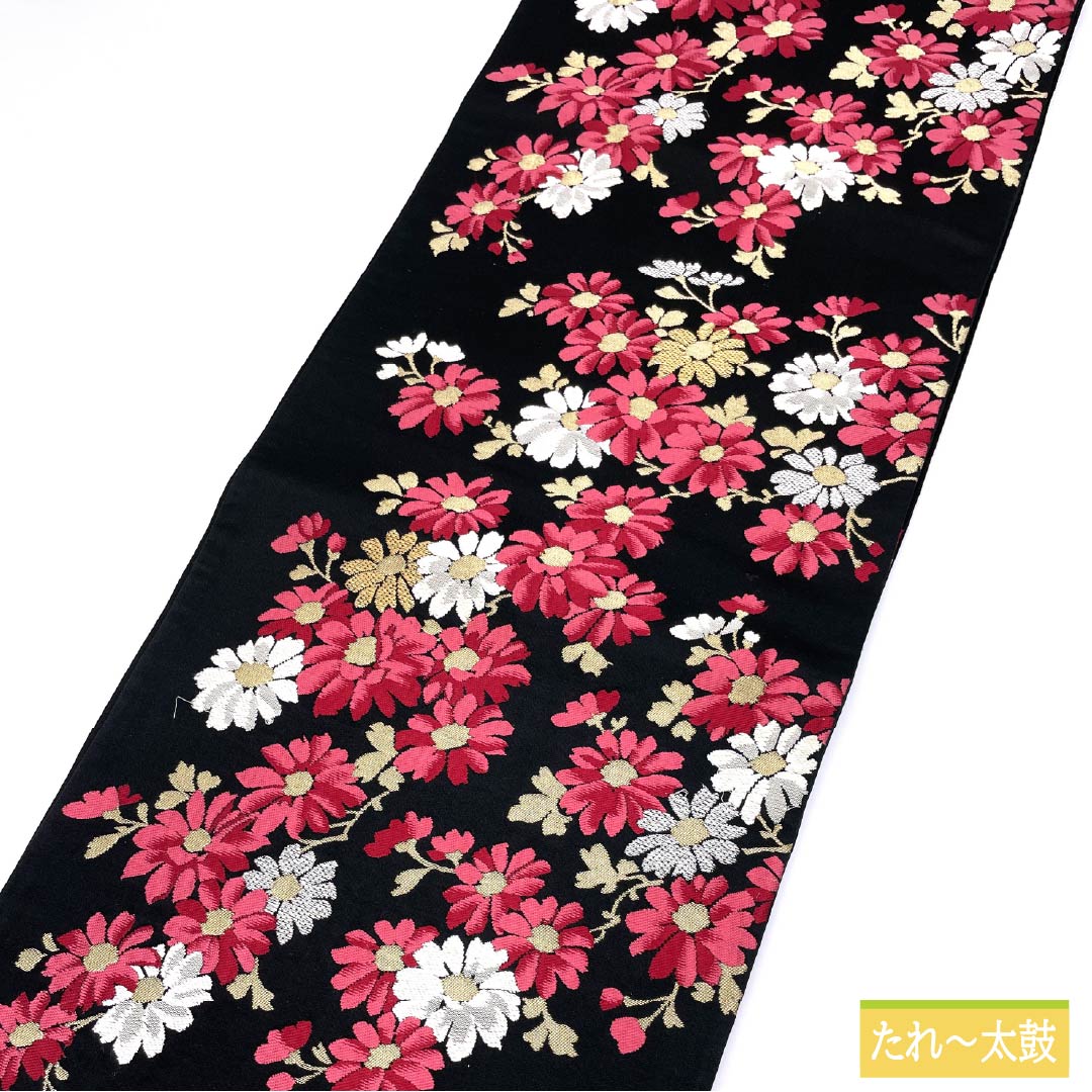 袋帯 正絹 振袖用 花模様 帯丈410cm Sランク 六通 フォーマル 黒系 1123014102310