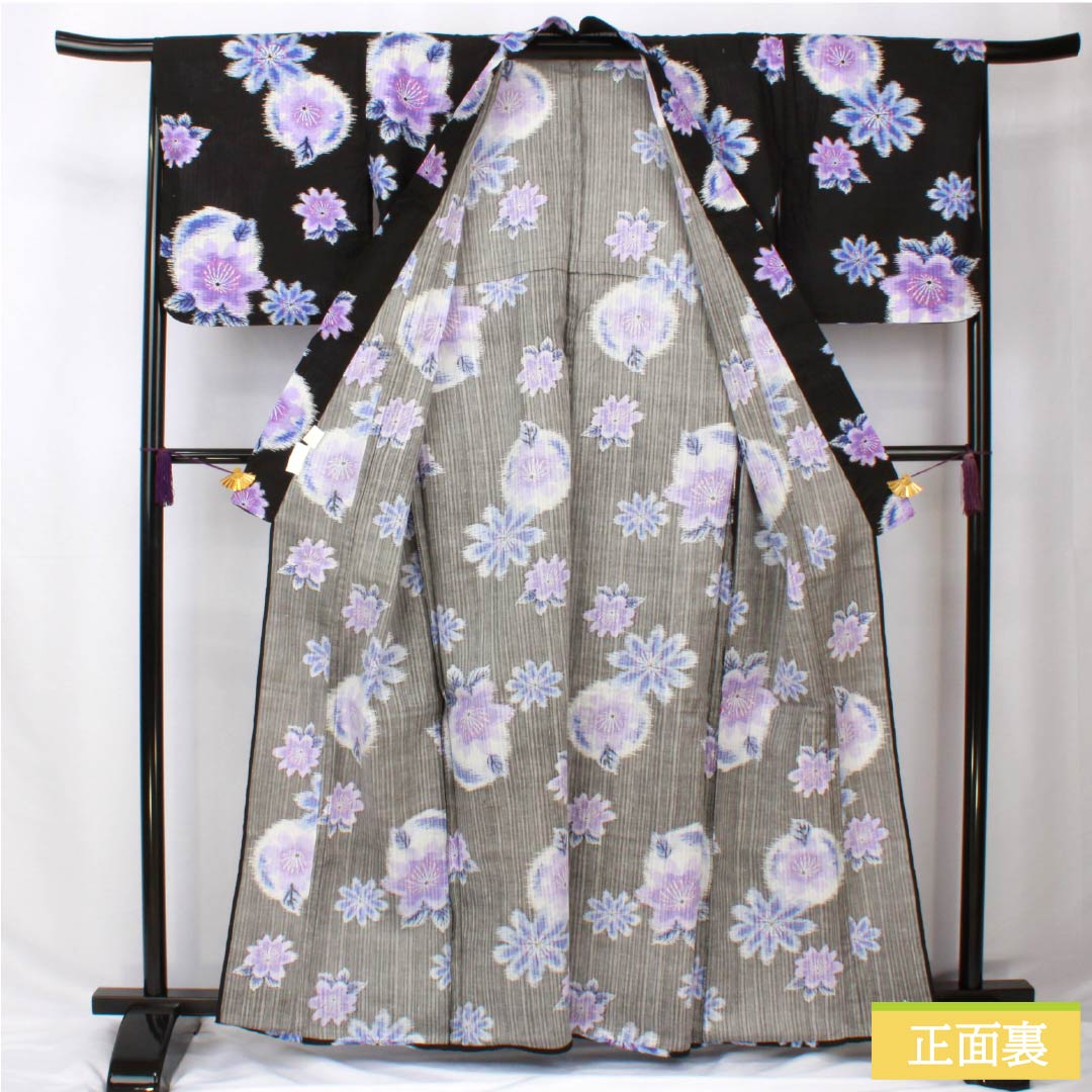 Cotton Yukata, Length 164.5cm, Sleeve Length 66.5cm, S Rank, Single Layer, Black, Abstract Floral Design, 1118005942410