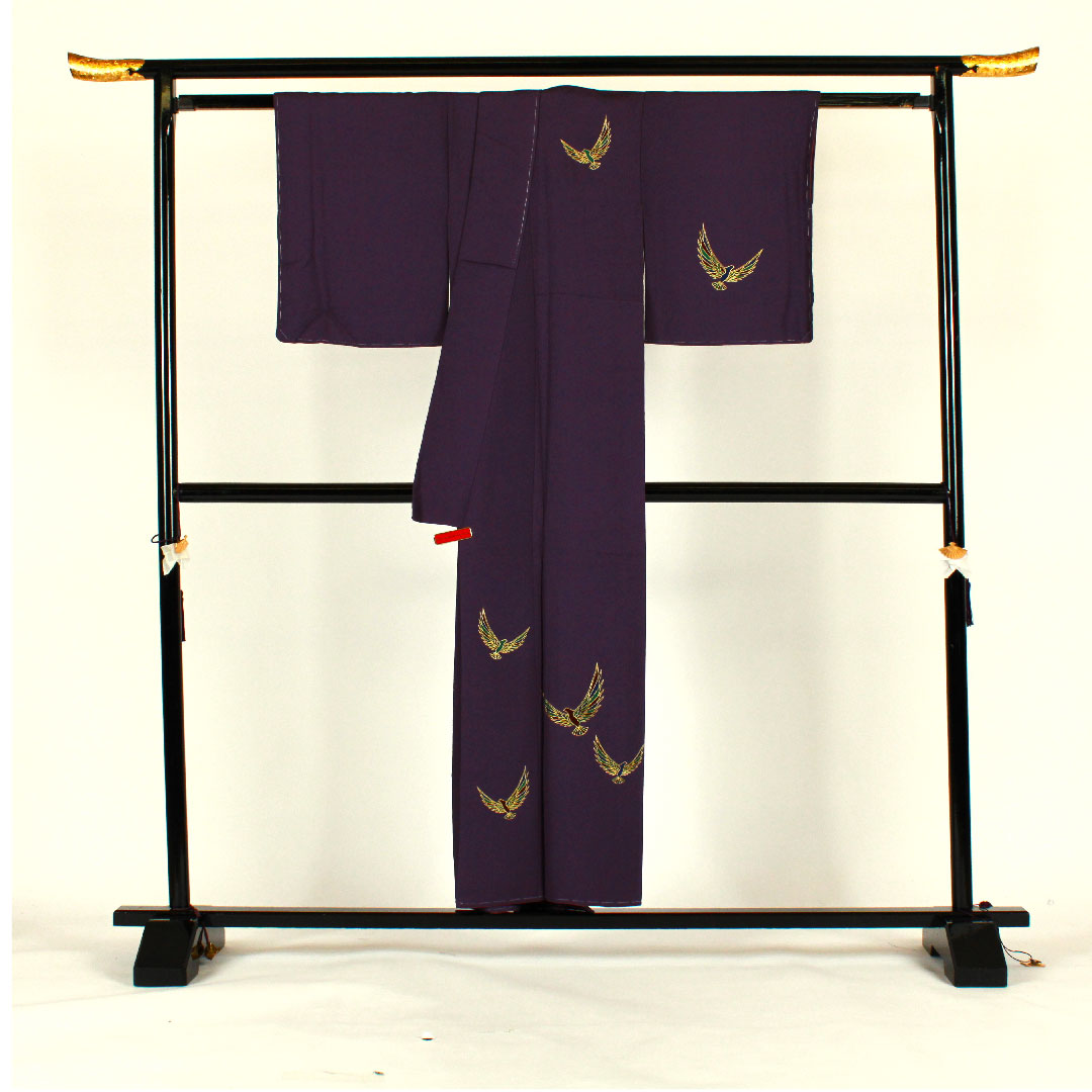 訪問着 袷 身丈154cm 裄丈62cm 斉藤三才 寿光織 鳥柄 正絹 Aランク 紫系 1112000883220