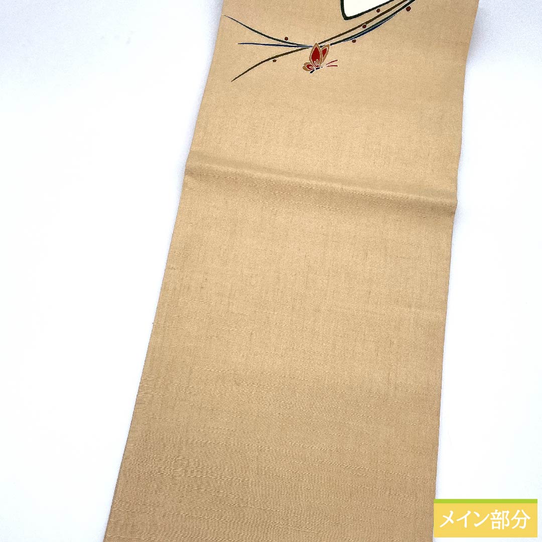 袋帯 薄柿色(うすがきいろ) 蝶 染め帯 紬地 帯丈462cm 正絹 Sランク ポイント柄 カジュアル 橙系 1123010622426