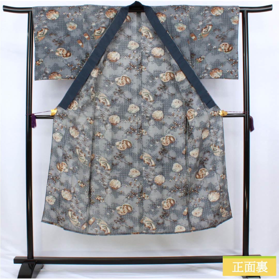 Men's wool nagajuban (long under-kimono), S-rank, length 140cm, sleeve length 62cm, gray-blue color, featuring auspicious motifs of pine, bamboo, and plum blossoms on a fan, gray-based, single-layer, 1140000732422