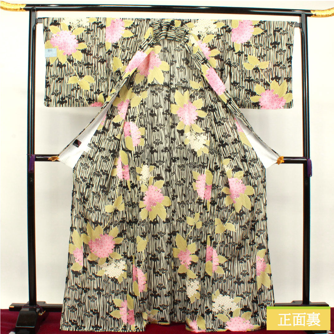 Summer kimono, polyester, small pattern, length 169.5cm, sleeve length 70cm, hydrangea, washable kimono, basting thread included, unused, silk, S rank, black, 1132001852510