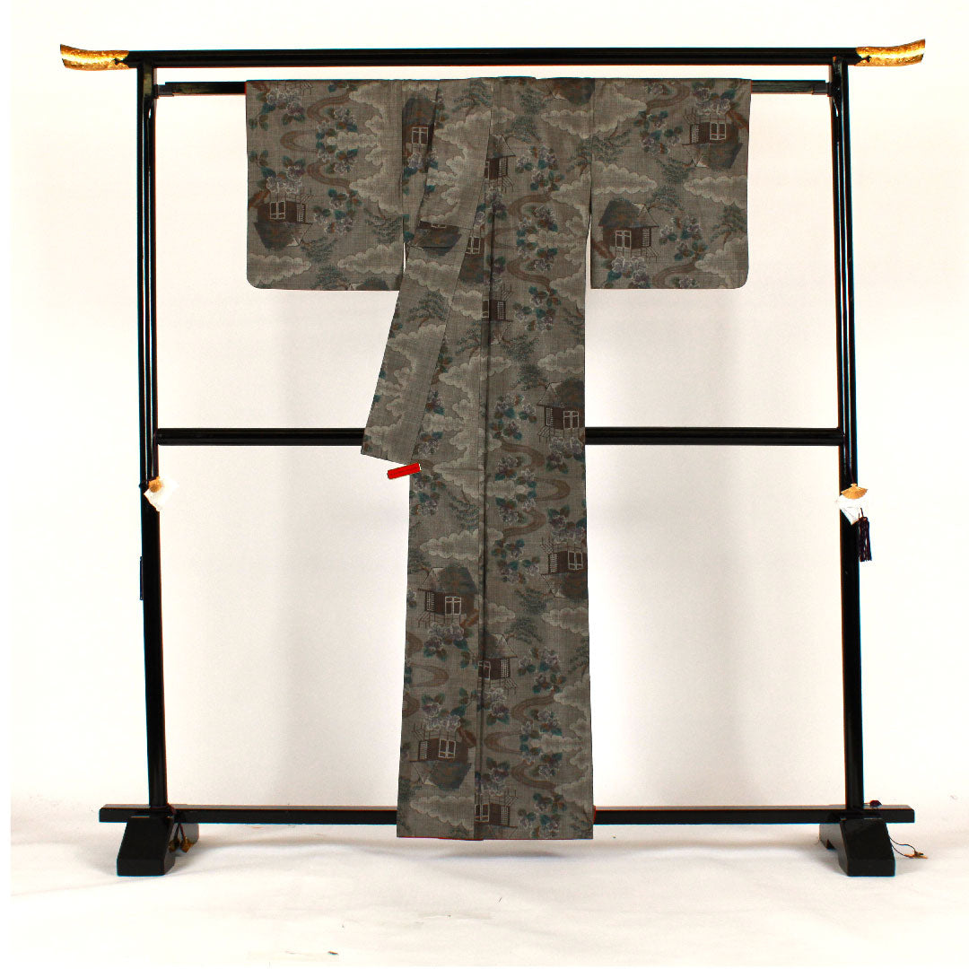 Oshima Tsumugi, Length 161cm, Sleeve length 64cm, Warp and weft ikat, Landscape pattern, Pure silk, S rank, Awase, Brown, 1116001232414