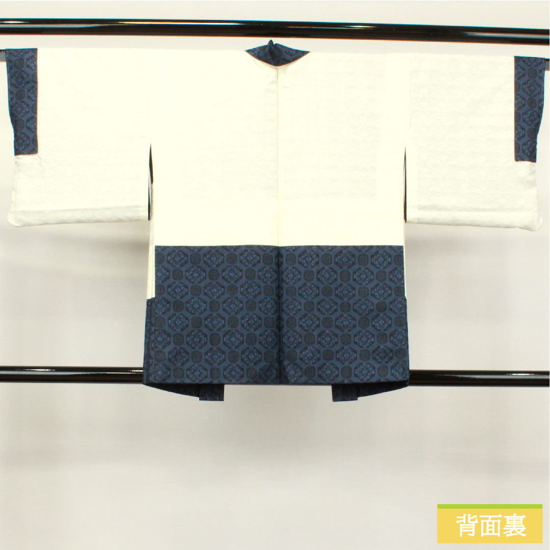 羽織 正絹 身丈78.5cm 裄丈63cm 村山大島 幾何学模様 しつけ糸付き 未使用品 Sランク 袷 紺系 1117000932918