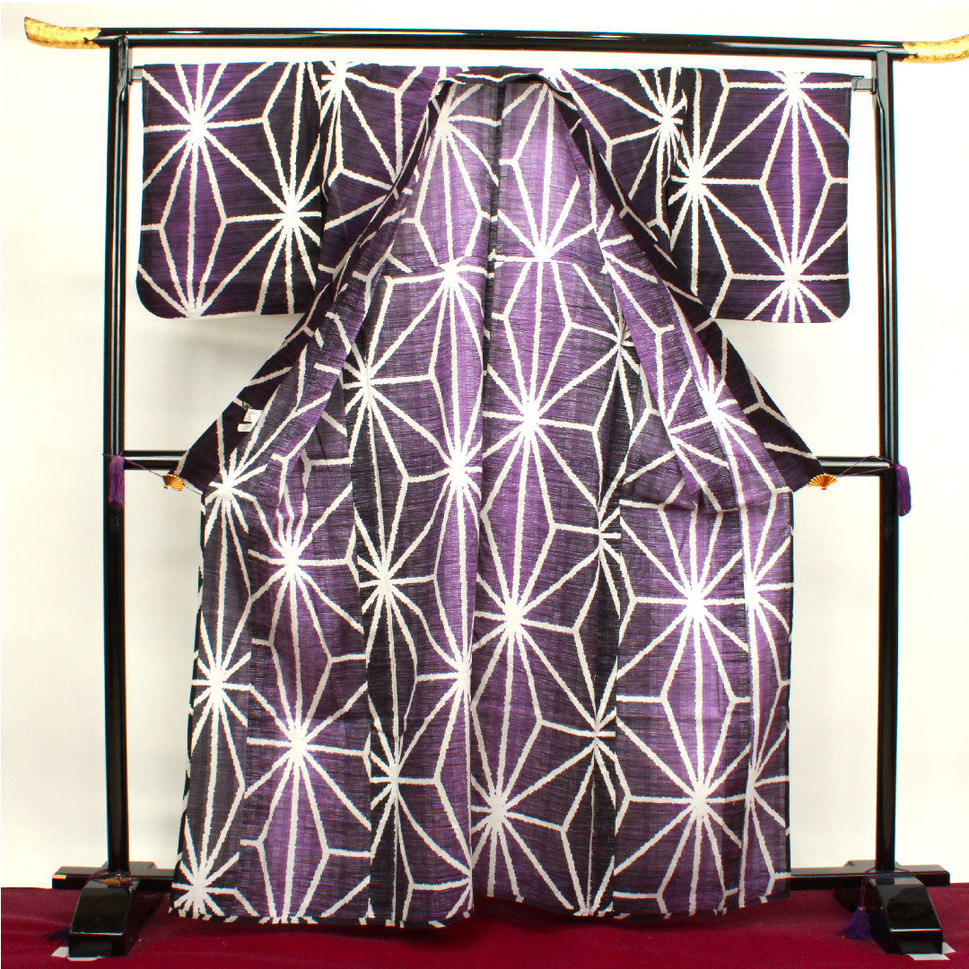 浴衣 麻の葉 木綿 Sランク 単衣 身丈162.5cm 裄丈69.5cm 紫系 1118003942420