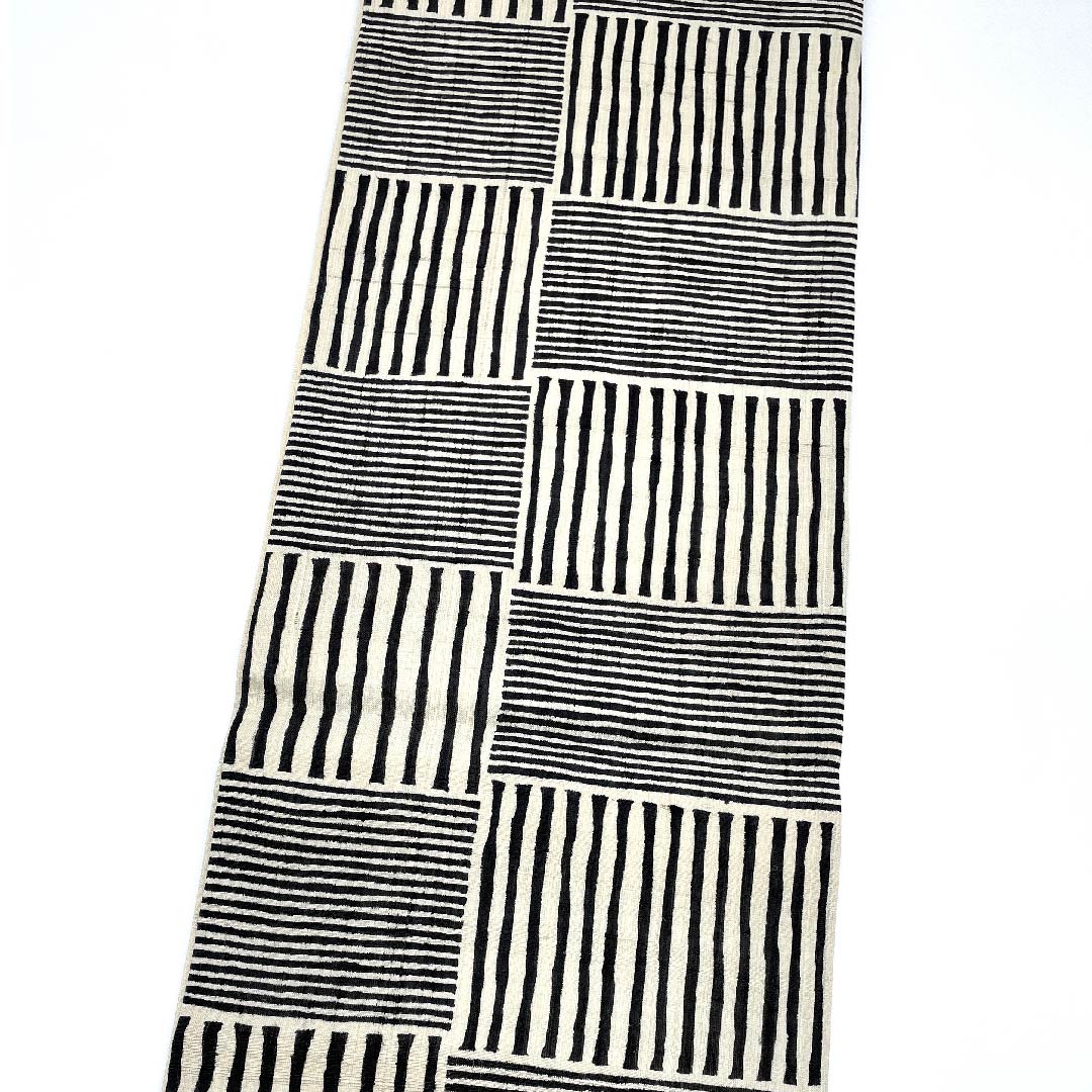 袋帯 生成り色(きなりいろ) 紬地 市松 モノトーン 帯丈446cm 正絹 Aランク 六通 カジュアル ベージュ系 1123009223325